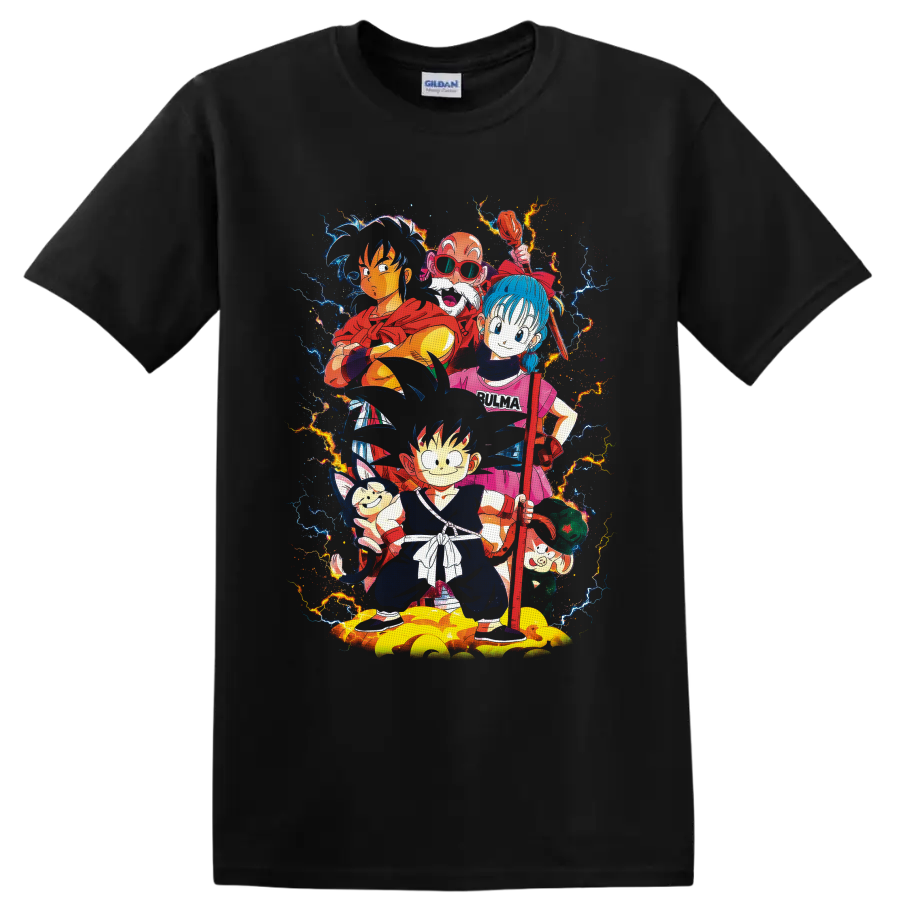 Dragon Ball Goku, Bulma, Yamcha and friends in vibrant lightning anime art on a Black T Shirt
