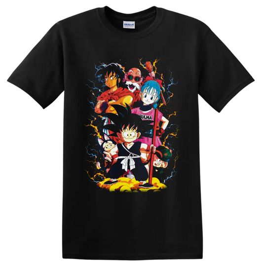 Dragon Ball Goku, Bulma, Yamcha and friends in vibrant lightning anime art on a Black T Shirt