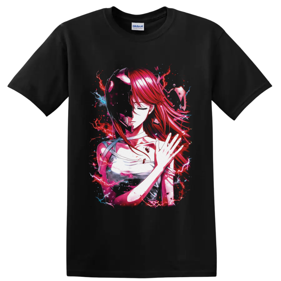 Elfen Lied Lucy anime artwork with red hair, horns, pink ribbons, and lightning on a Black T Shirt
