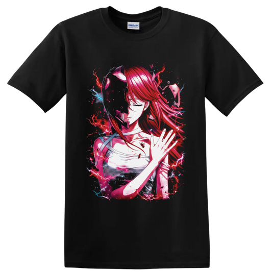 Elfen Lied Lucy anime artwork with red hair, horns, pink ribbons, and lightning on a Black T Shirt