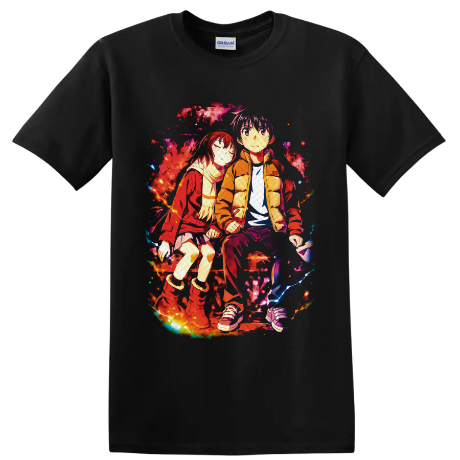 Satoru Fujinuma and Kayo Hinazuki in colorful Erased anime art with lightning on a Black T Shirt