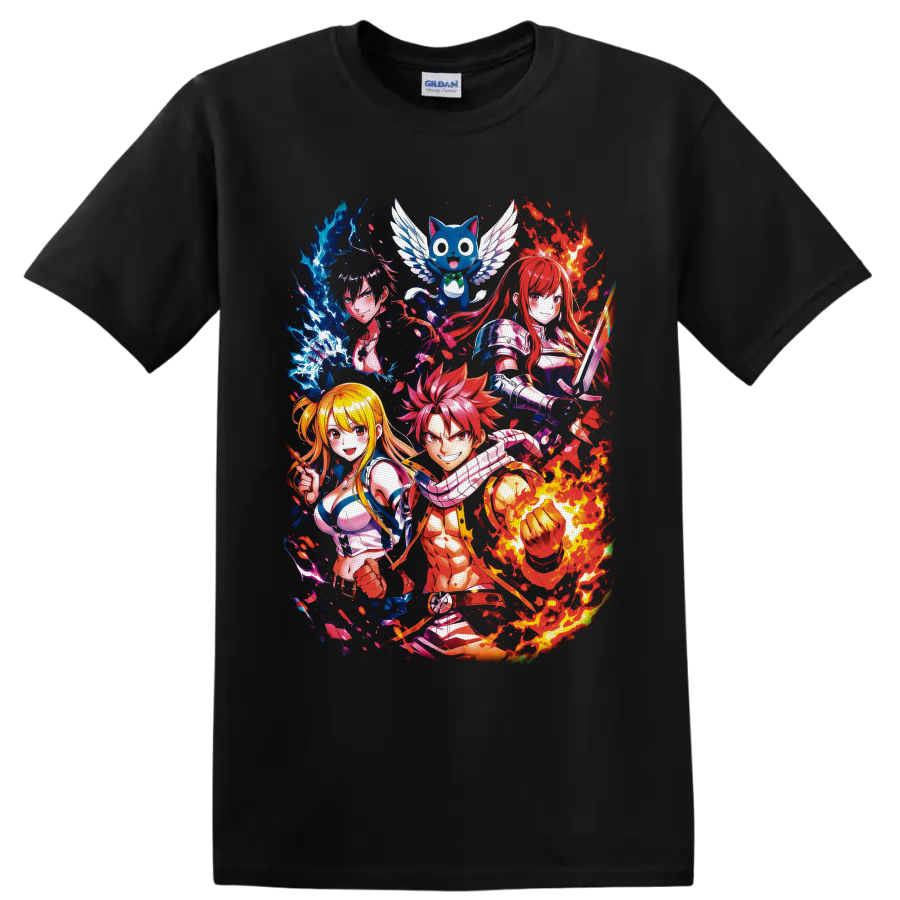 Fairy Tail characters Natsu, Lucy, Erza, Gray, and Happy in fire and ice anime art on a Black T Shirt