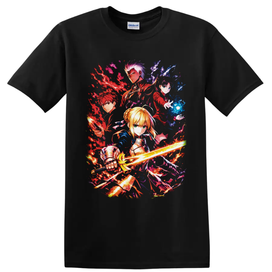 Fate/stay night Saber, Rin, Archer and Shirou action collage with sword and magic on a Black T Shirt