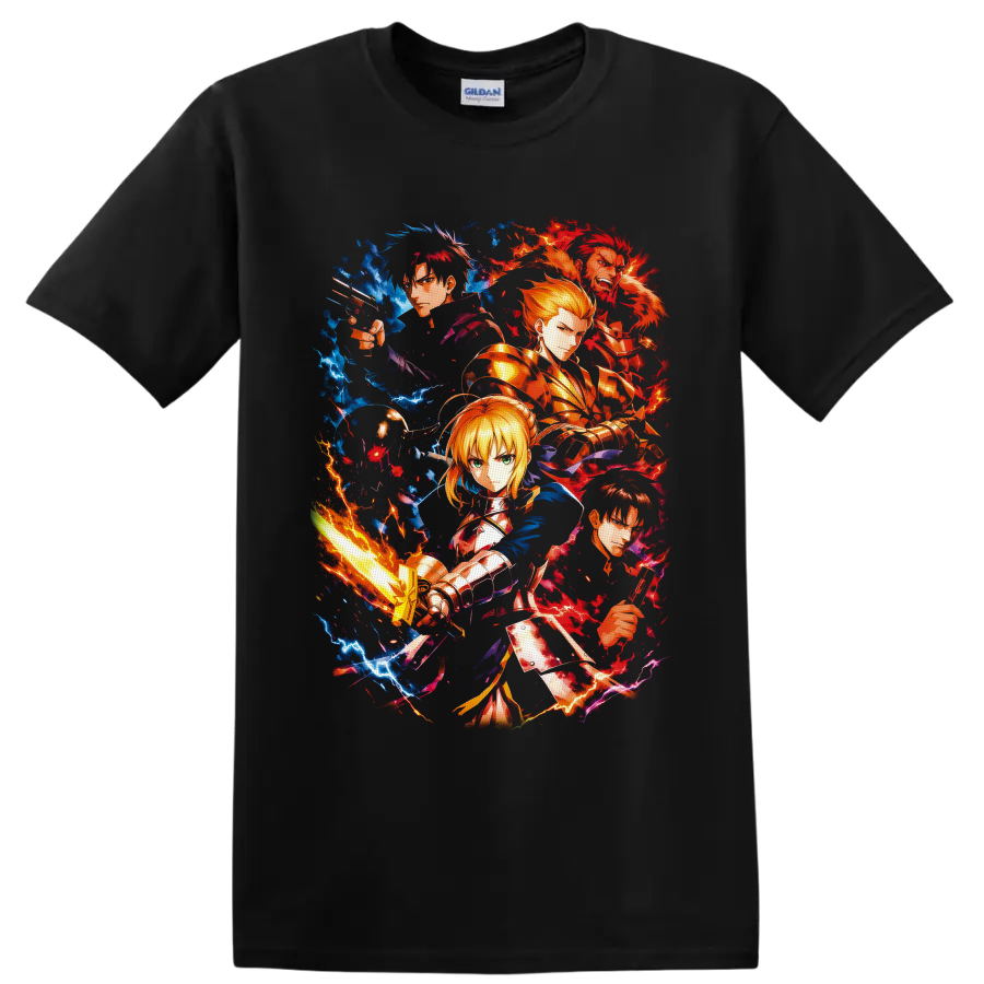 Fate/Zero Saber, Kiritsugu, Rider, Gilgamesh and Kirei anime lightning collage on a Black T Shirt