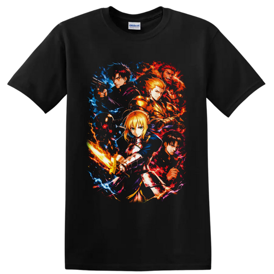 Fate/Zero Saber, Kiritsugu, Rider, Gilgamesh and Kirei anime lightning collage on a Black T Shirt