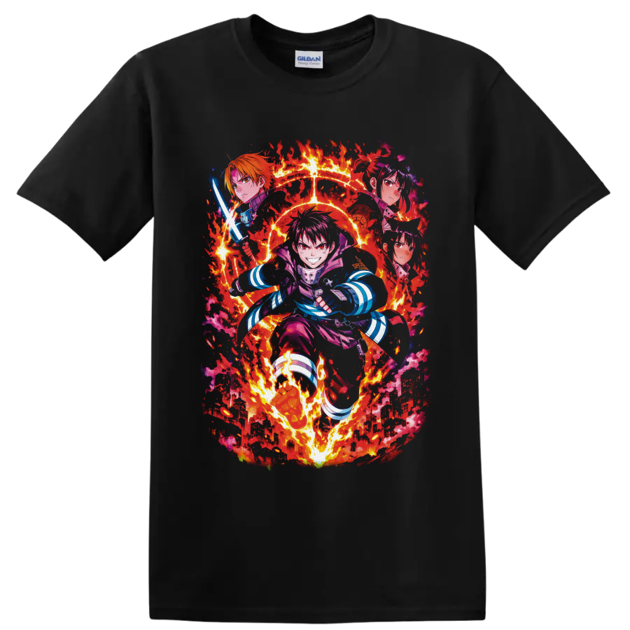 Shinra Kusakabe Fire Force anime action graphic with flames and burning city on a Black T Shirt