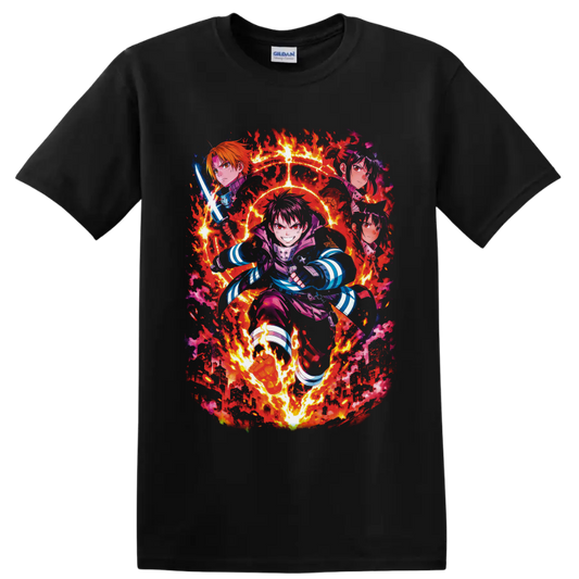 Shinra Kusakabe Fire Force anime action graphic with flames and burning city on a Black T Shirt