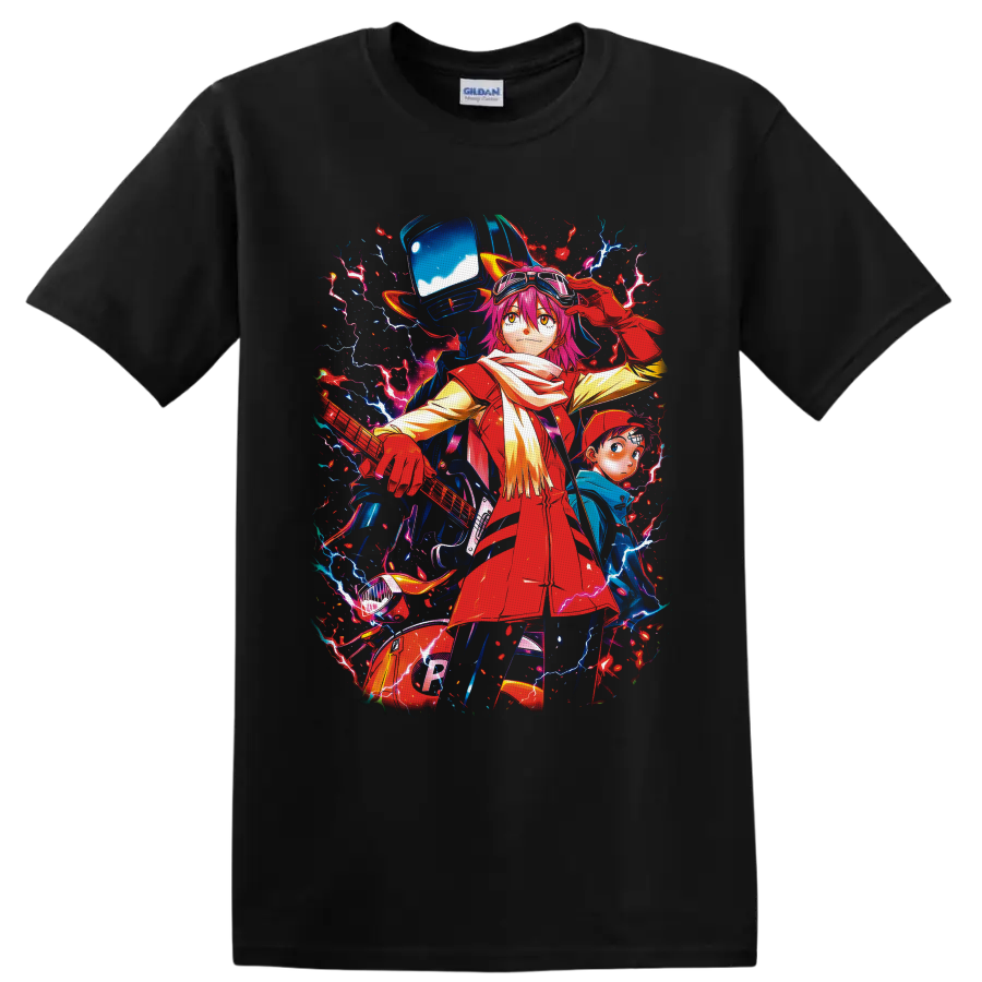 Haruko Haruhara with Naota and Canti in a neon lightning FLCL anime graphic on a Black T Shirt