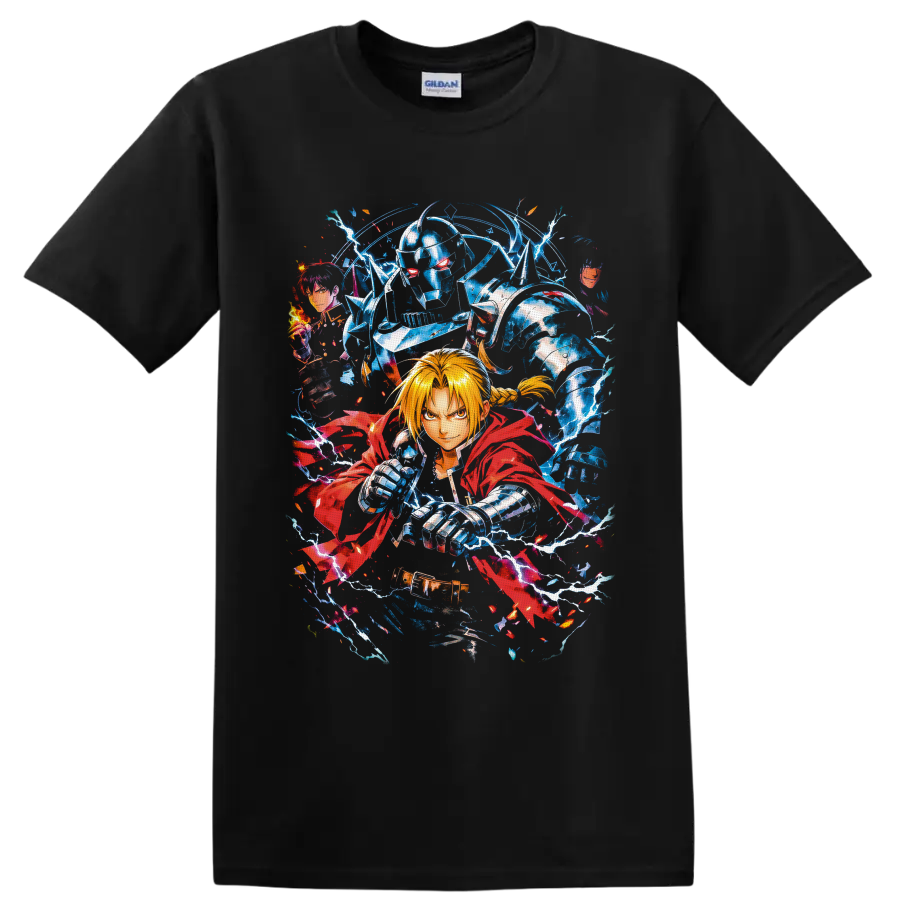 Edward Elric, Alphonse Elric, and Roy Mustang anime art with lightning and flames on a Black T Shirt