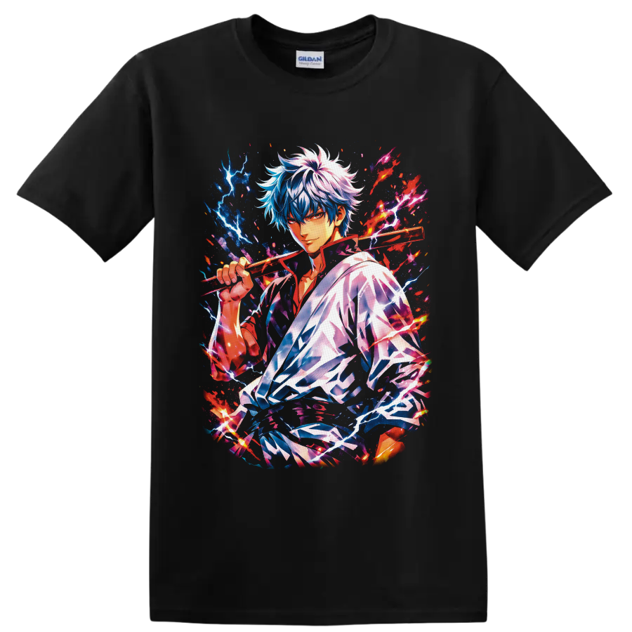 Gintoki Sakata anime portrait with wooden sword, lightning, flames, and cosmic splatter on a Black T Shirt