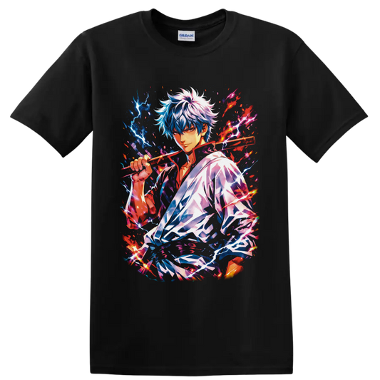 Gintoki Sakata anime portrait with wooden sword, lightning, flames, and cosmic splatter on a Black T Shirt