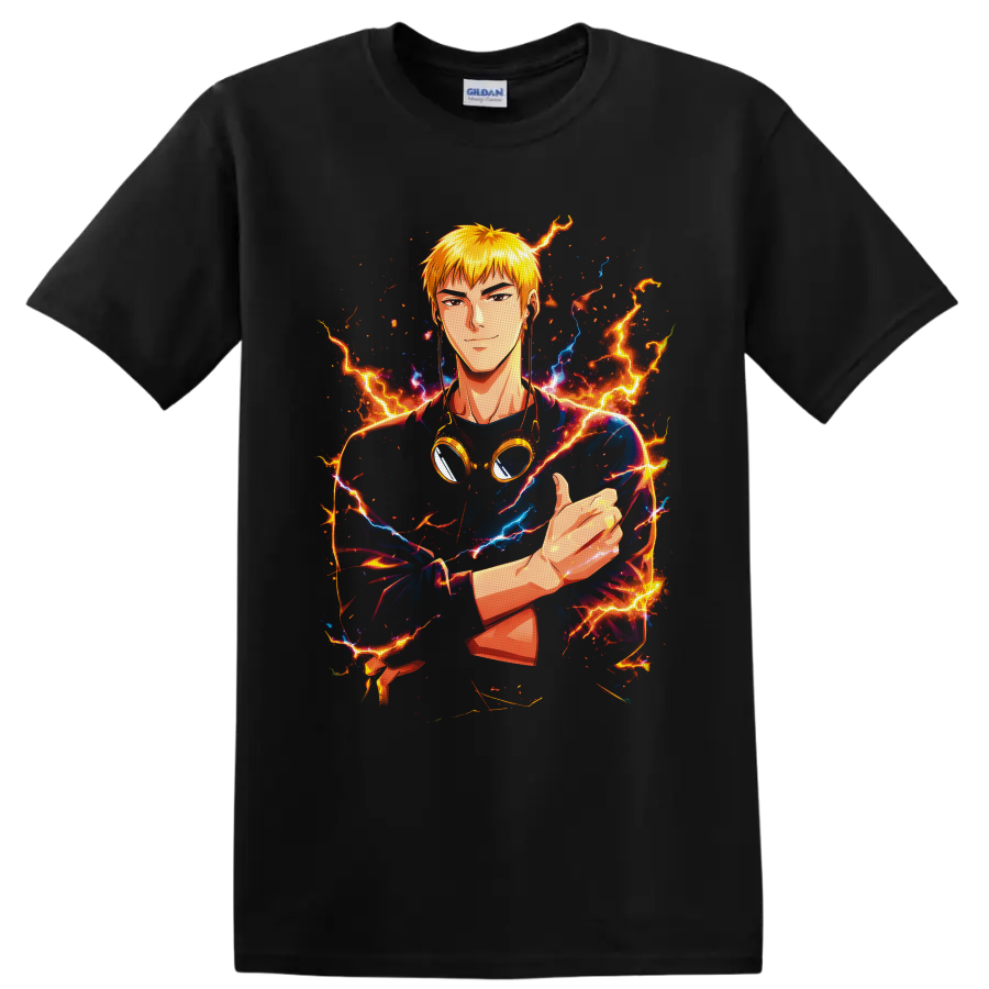 Eikichi Onizuka anime portrait with goggles, fiery lightning, and electric blue energy on a Black T Shirt