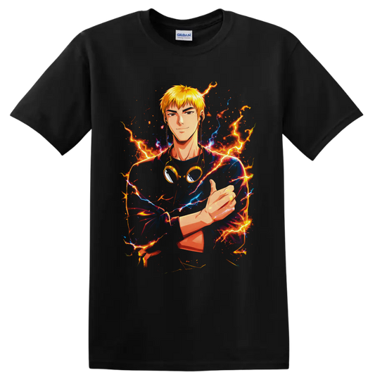 Eikichi Onizuka anime portrait with goggles, fiery lightning, and electric blue energy on a Black T Shirt