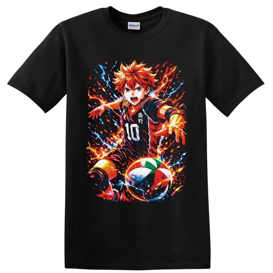 Shoyo Hinata Haikyu!! volleyball anime art with fiery lightning effects on a Black T Shirt
