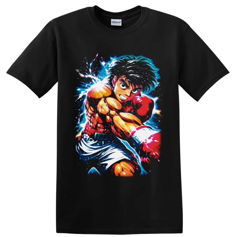 Ippo Makunouchi boxing punch in electric blue and fiery anime action art on a Black T Shirt