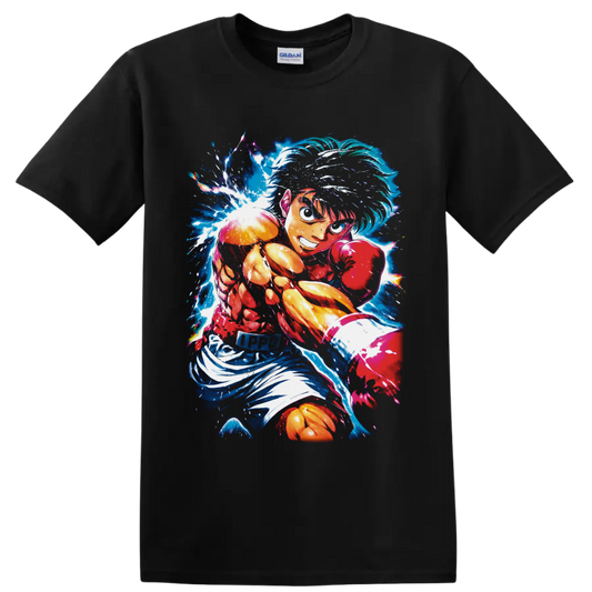 Ippo Makunouchi boxing punch in electric blue and fiery anime action art on a Black T Shirt