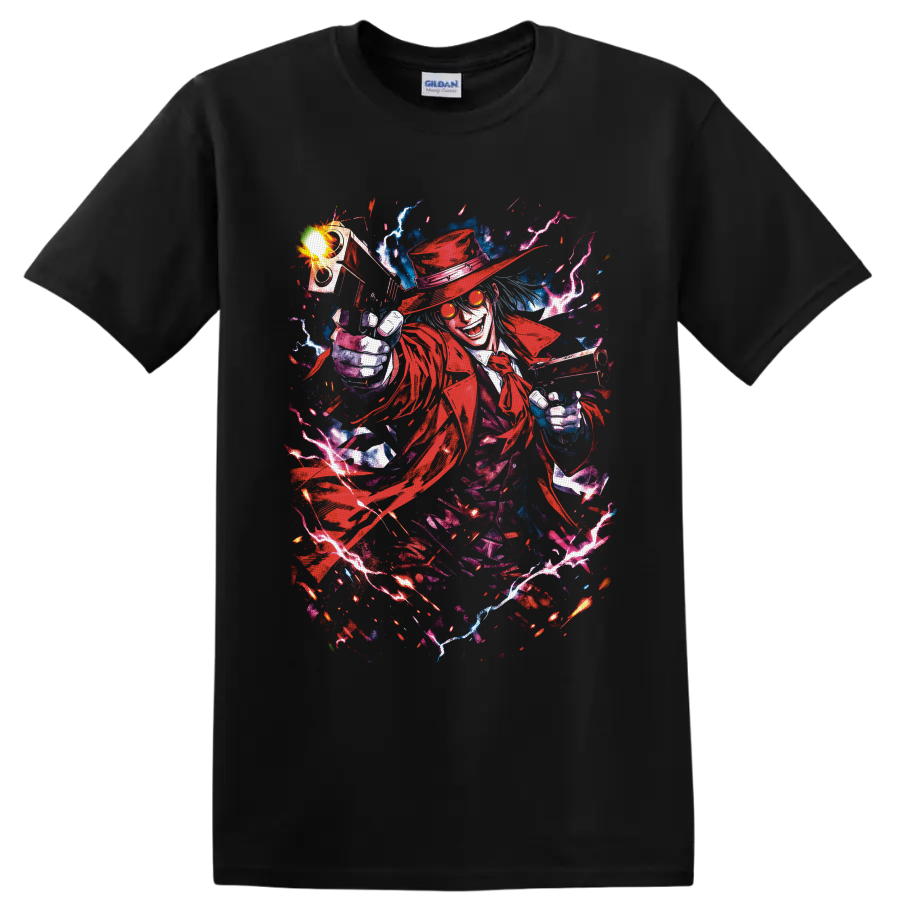 Alucard Hellsing gothic anime art with dual pistols, red coat, and lightning on a Black T Shirt
