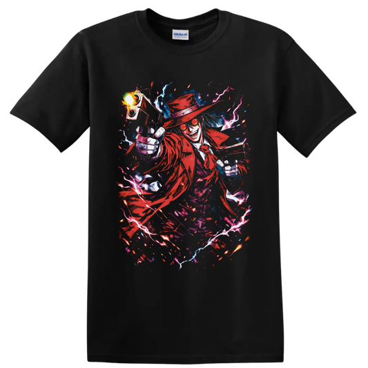 Alucard Hellsing gothic anime art with dual pistols, red coat, and lightning on a Black T Shirt