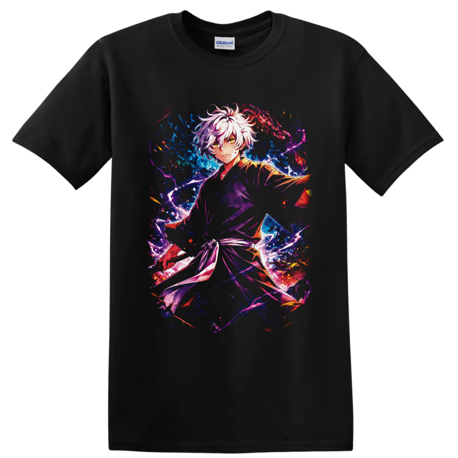 Gabimaru anime art with white hair, lightning, and blue purple red energy on a Black T Shirt