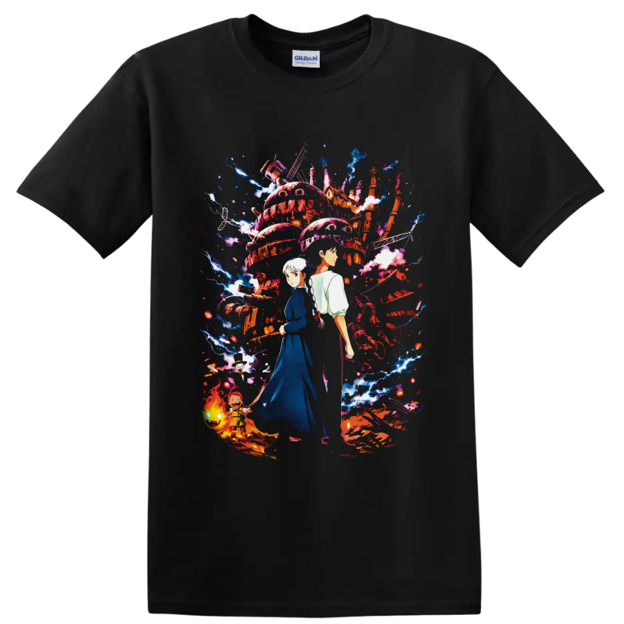Sophie and Howl before a magical moving castle with Calcifer, Markl, lightning and flames on a Black T Shirt
