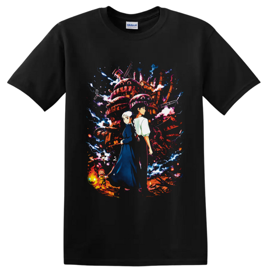 Sophie and Howl before a magical moving castle with Calcifer, Markl, lightning and flames on a Black T Shirt