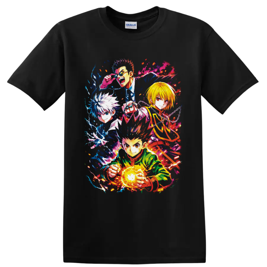 Hunter x Hunter Gon, Killua, Kurapika, and Leorio in vibrant splash-art action on a Black T Shirt