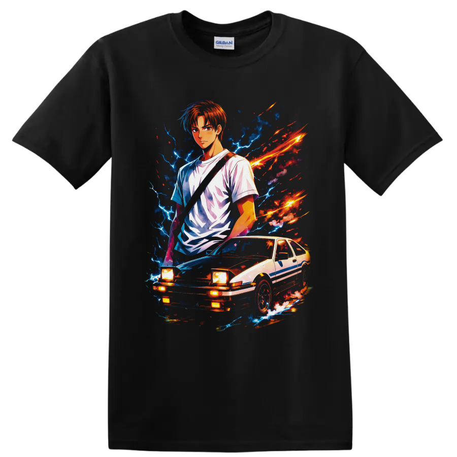 Takumi Fujiwara with Toyota Sprinter Trueno AE86 in neon anime lightning art on a Black T Shirt