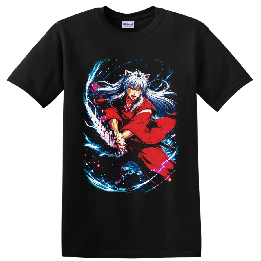 Inuyasha in red robe with silver hair and swirling blue fantasy energy on a Black T Shirt