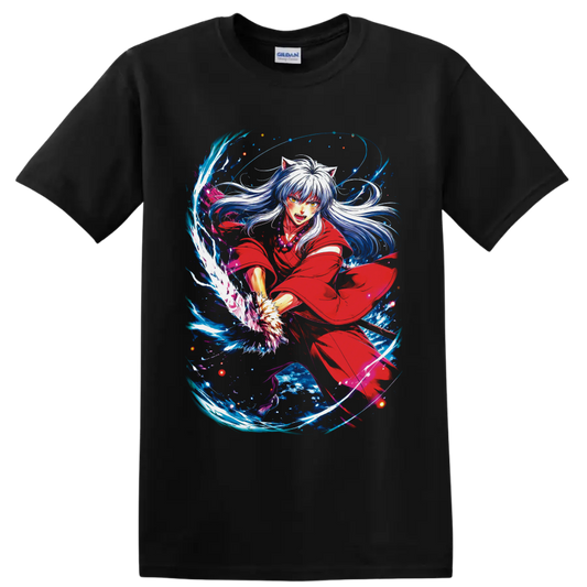 Inuyasha in red robe with silver hair and swirling blue fantasy energy on a Black T Shirt