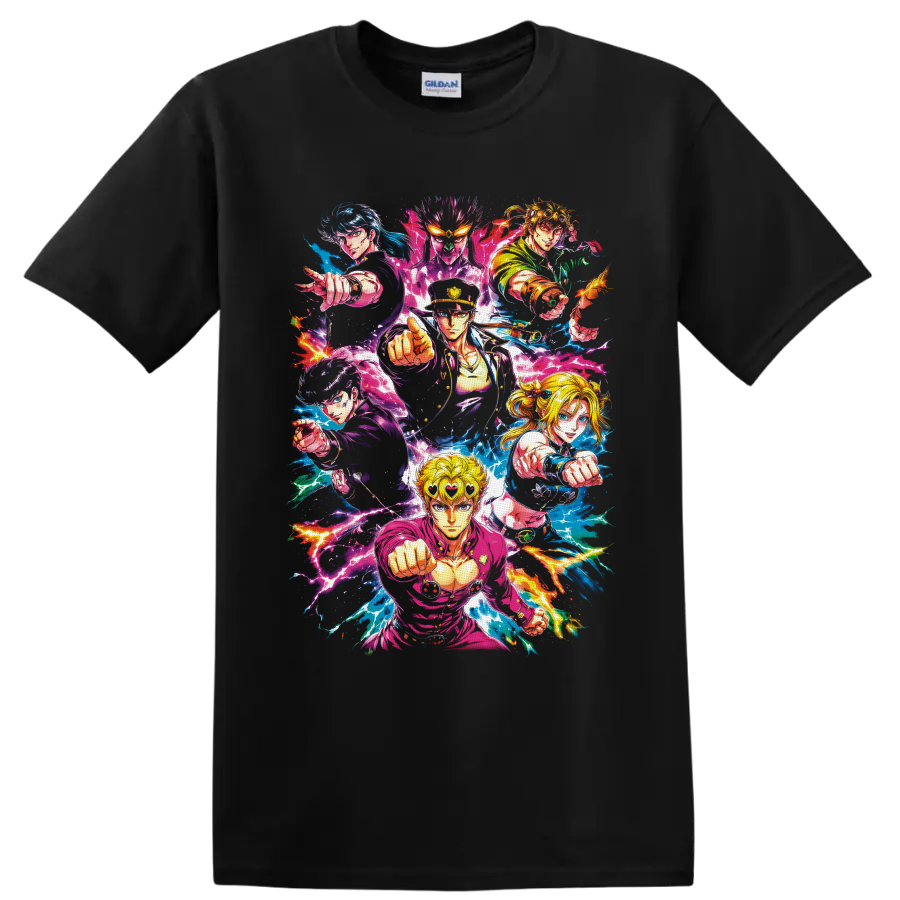 Jonathan Joestar and JoJo's Bizarre Adventure heroes in vibrant lightning anime art on a Black T Shirt