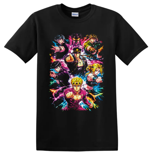 Jonathan Joestar and JoJo's Bizarre Adventure heroes in vibrant lightning anime art on a Black T Shirt