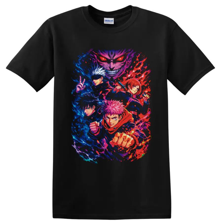 Yuji Itadori and Jujutsu Kaisen characters in vivid blue and red battle art on a Black T Shirt