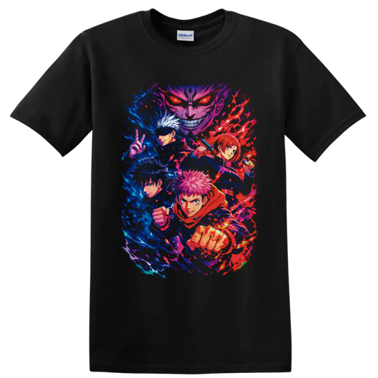 Yuji Itadori and Jujutsu Kaisen characters in vivid blue and red battle art on a Black T Shirt