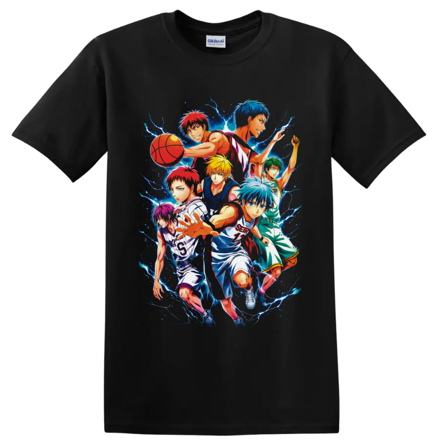 Kuroko's Basketball players in a dynamic anime collage with electric blue lightning on a Black T Shirt