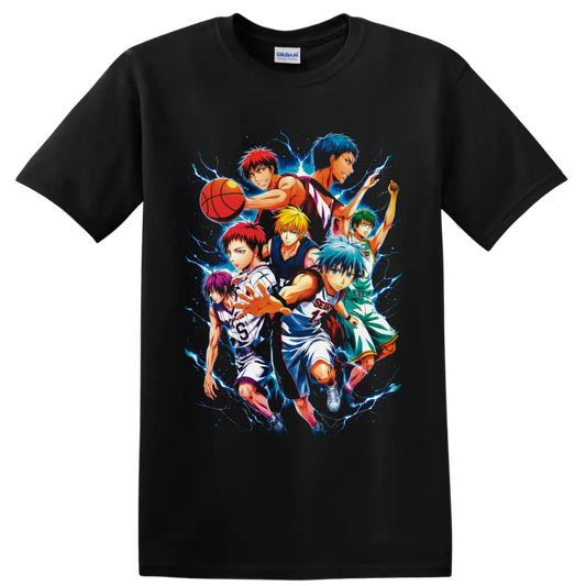 Kuroko's Basketball players in a dynamic anime collage with electric blue lightning on a Black T Shirt