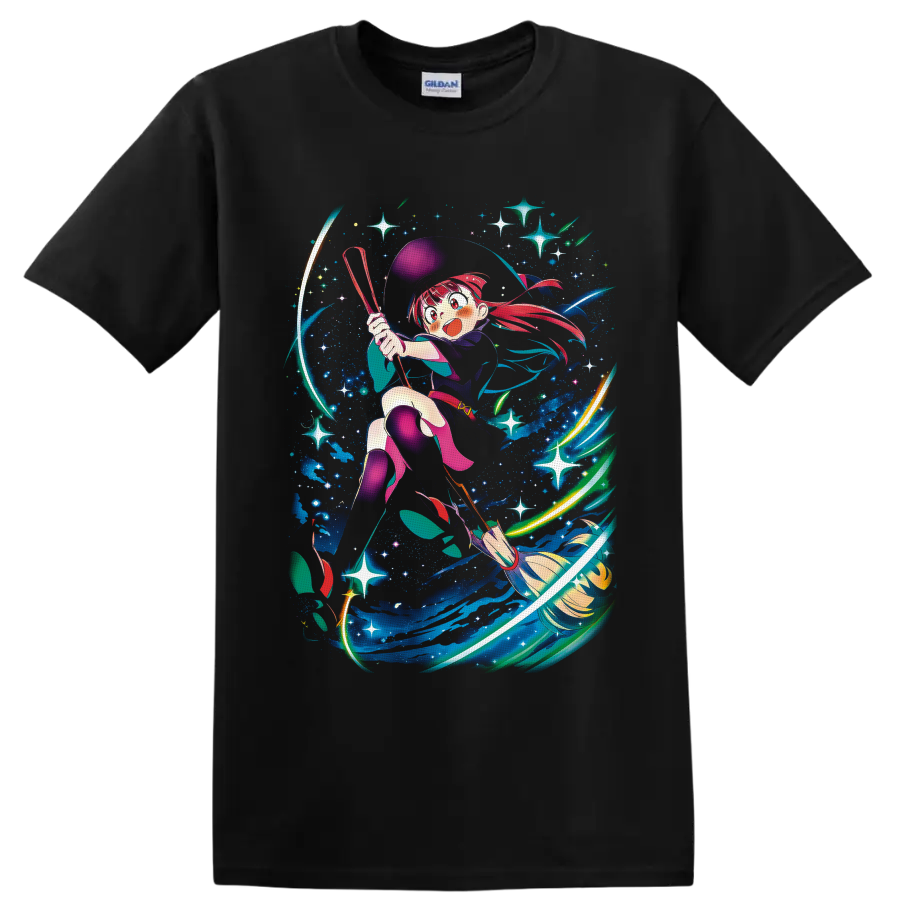 Atsuko Kagari flying on a broom through colorful cosmic magic and stars on a Black T Shirt