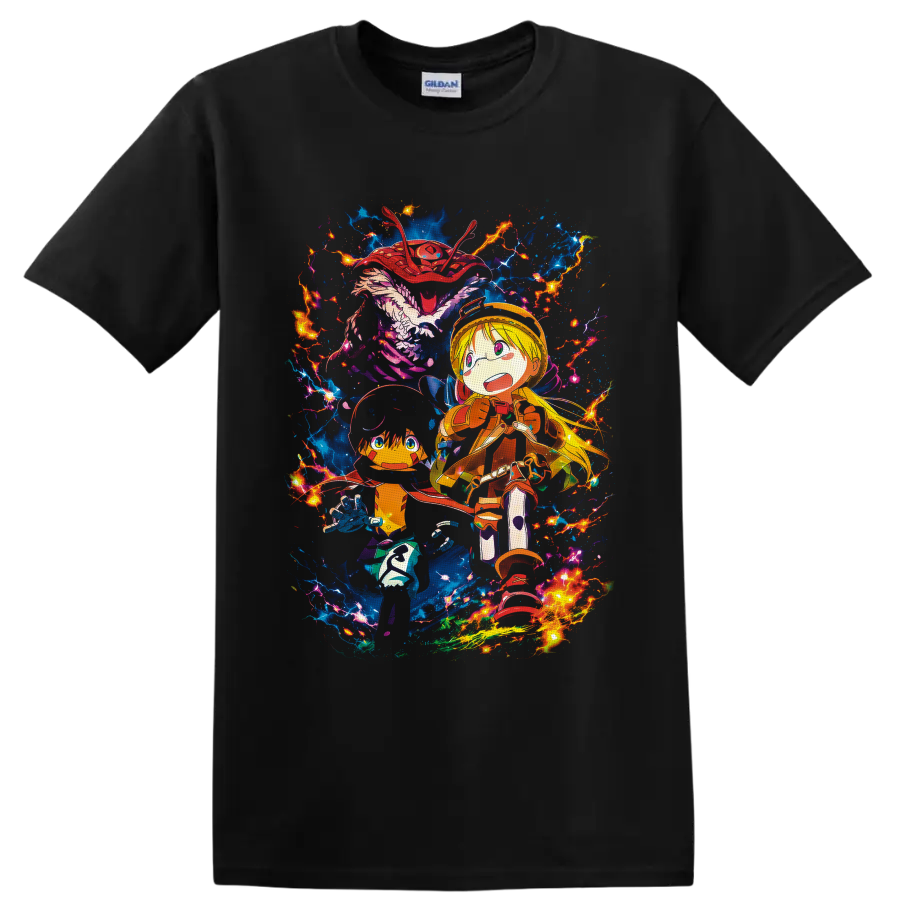 Riko and Reg with blue creature, electric lightning, and vivid fantasy anime art on a Black T Shirt
