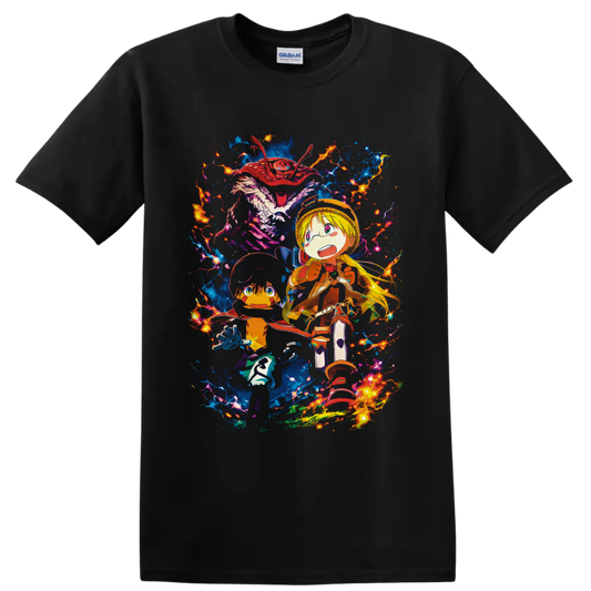 Riko and Reg with blue creature, electric lightning, and vivid fantasy anime art on a Black T Shirt