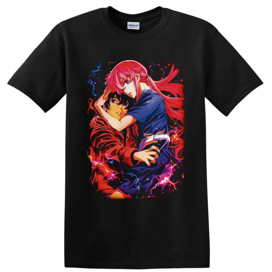 Mirai Nikki anime character duo with red blue lightning and flowing pink-red hair on a Black T Shirt