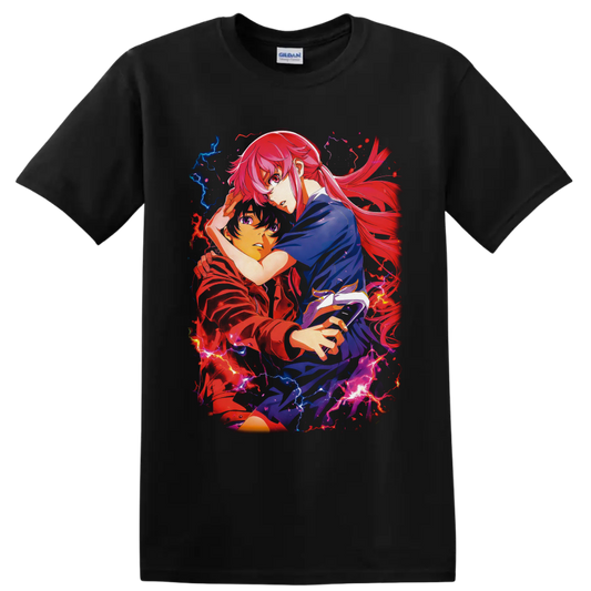 Mirai Nikki anime character duo with red blue lightning and flowing pink-red hair on a Black T Shirt