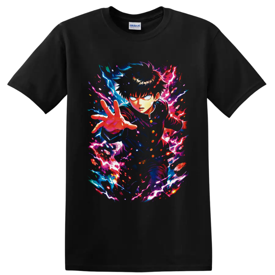 Shigeo Kageyama psychic anime art with blue and pink lightning energy on a Black T Shirt