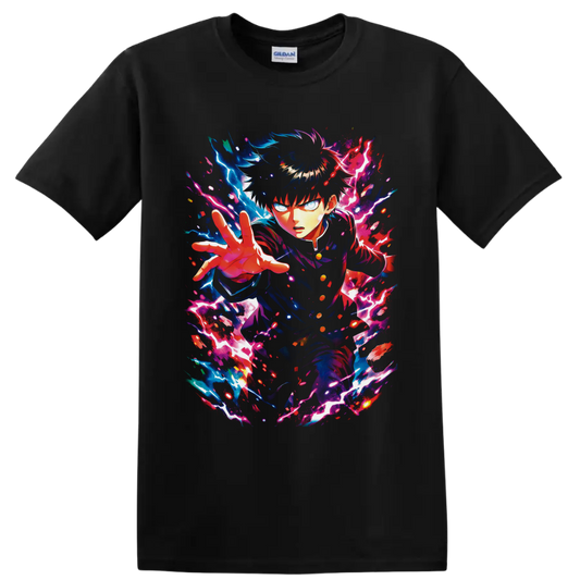 Shigeo Kageyama psychic anime art with blue and pink lightning energy on a Black T Shirt