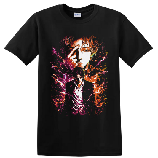 Baku Madarame anime portrait with neon pink and orange lightning splatter art on a Black T Shirt