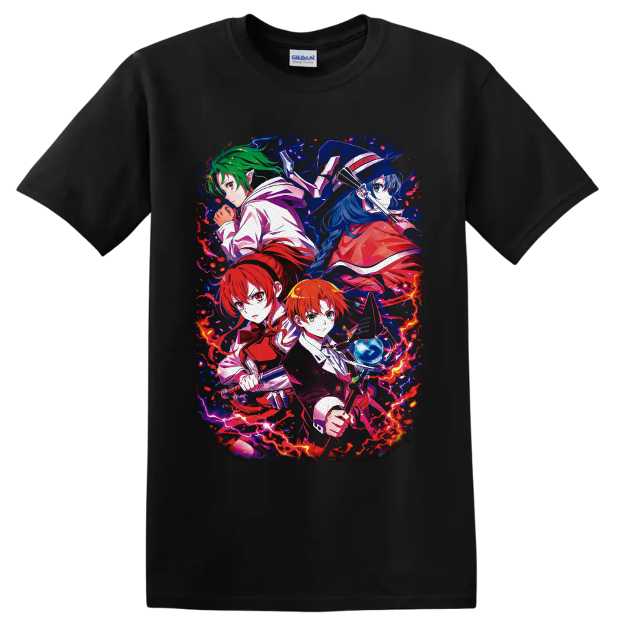 Rudeus Greyrat and companions in vivid fantasy anime art with lightning and magic on a Black T Shirt