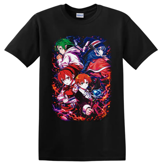 Rudeus Greyrat and companions in vivid fantasy anime art with lightning and magic on a Black T Shirt