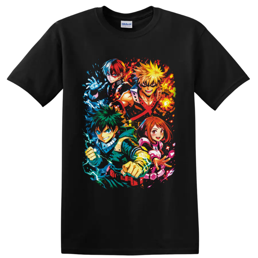 My Hero Academia heroes in colorful anime action collage with energy effects on a Black T Shirt
