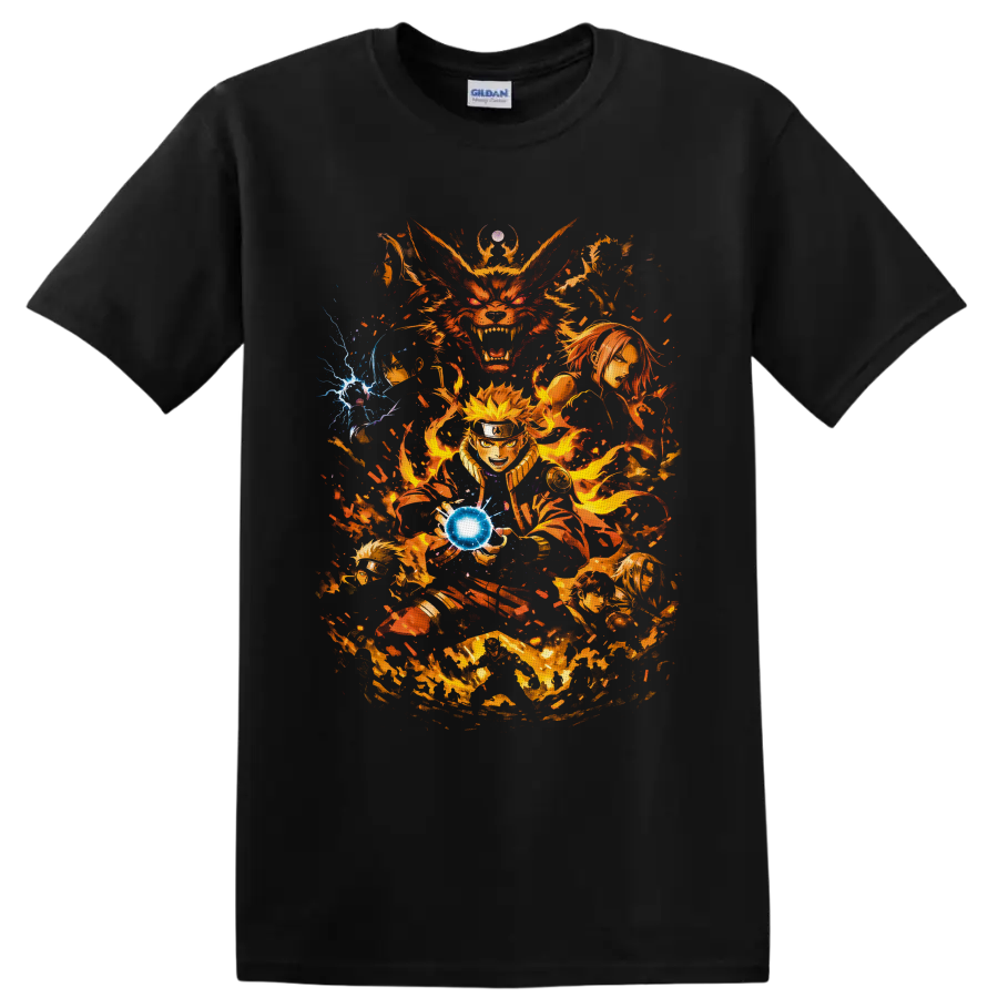 Naruto Uzumaki and Kurama anime battle art with fiery chakra and blue energy sphere on a Black T Shirt