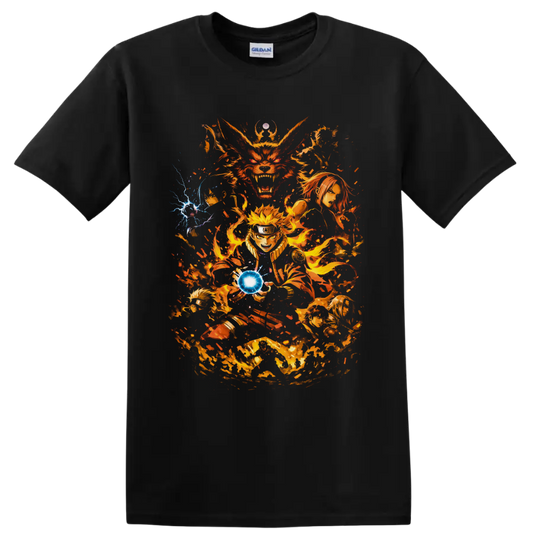 Naruto Uzumaki and Kurama anime battle art with fiery chakra and blue energy sphere on a Black T Shirt