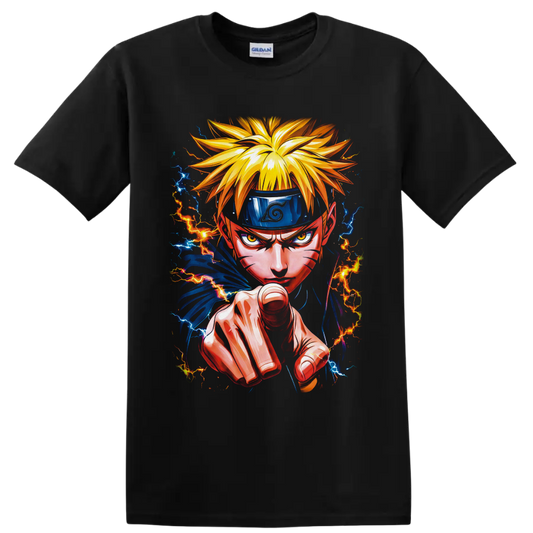 Naruto Uzumaki lightning ninja portrait with forward punch and blue orange energy on a Black T Shirt
