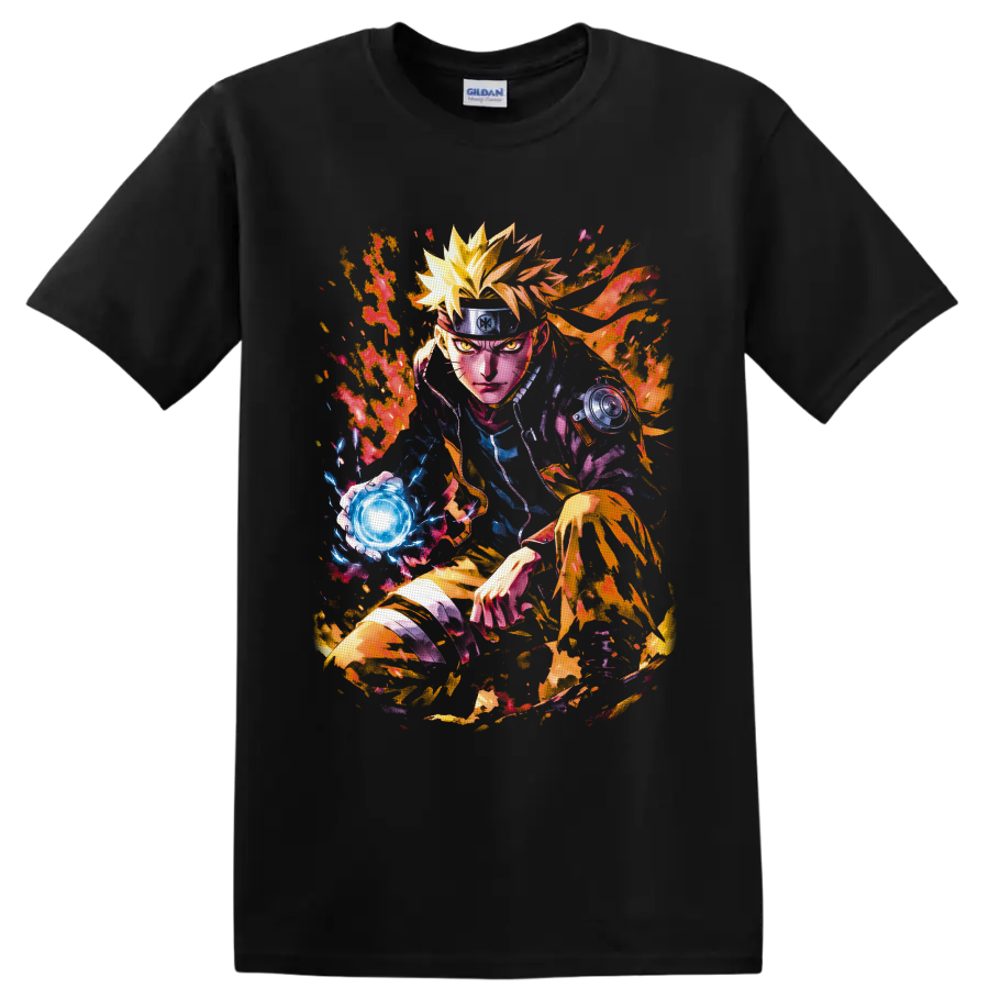 Naruto Uzumaki anime art with glowing Rasengan, fiery chakra, and colorful paint splashes on a Black T Shirt